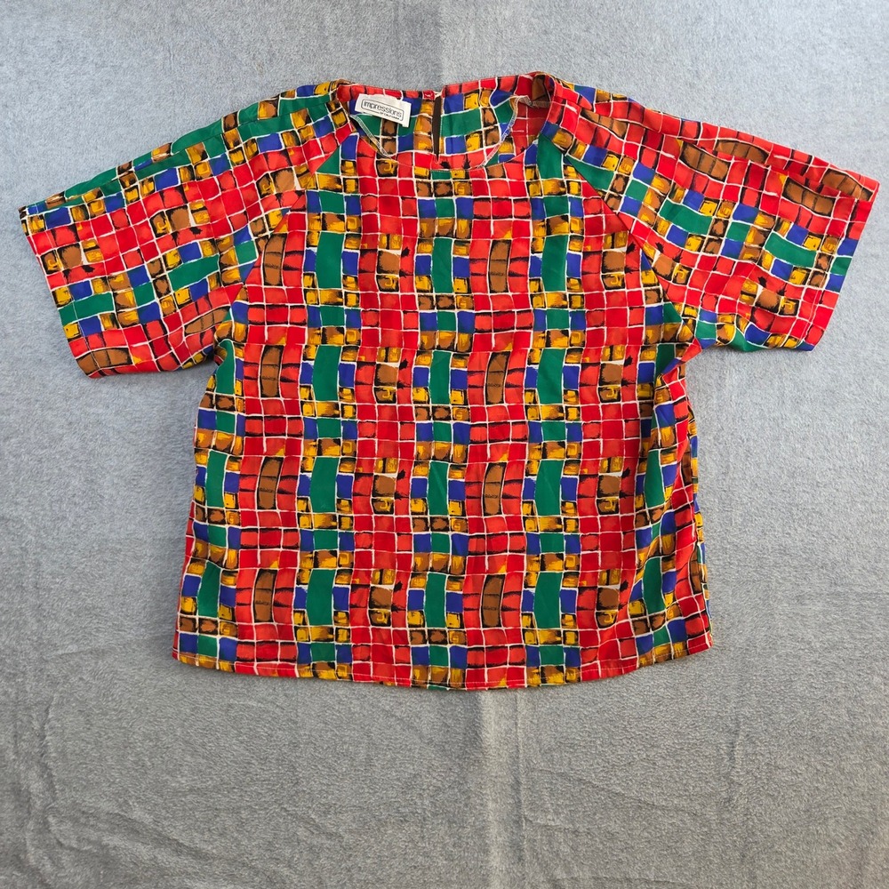 Impressions of California Blouse Women L Multicolor Vintage Geometric Grid Top
